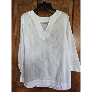 Signature By Larry Levine White Floral Embrd 100% Cotton Tunic Shirt Women's L